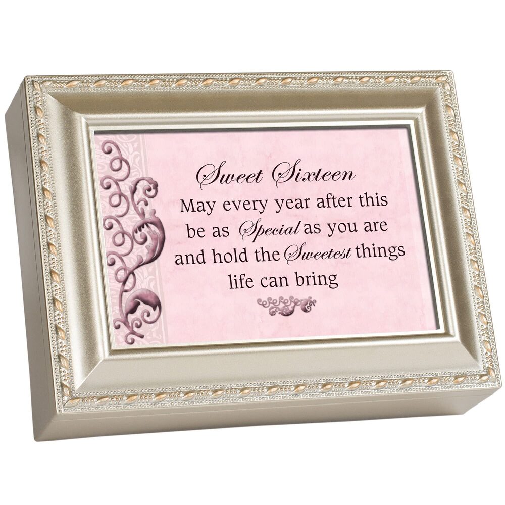 9437 Sweet Sixteen Champagne Silver Rope Trim Music Box Plays You Light Up